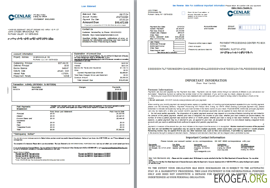 Relevé de prêt de la Central Loan Administration des États , Unis, 3 pages 1, 2 scr